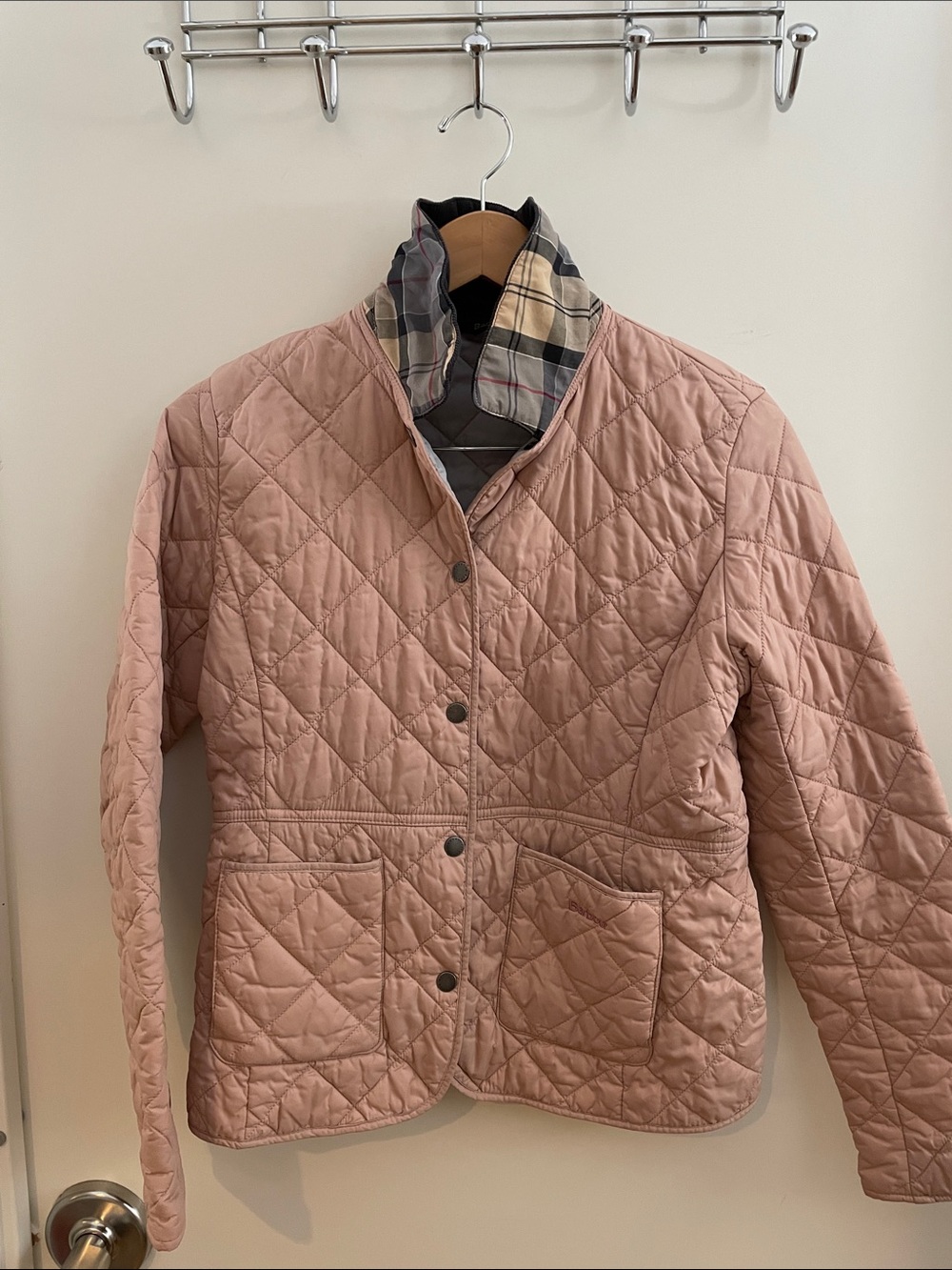 Barbour Quilted Pink Jacket with Plaid Collar US 8 EUC